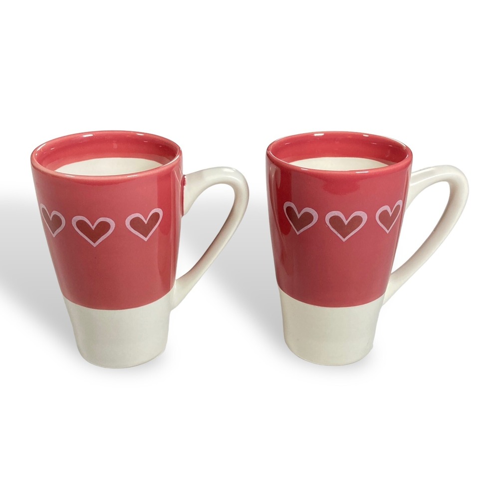 World Market Set of 2 Cups Hearts Coffee Tea Mugs ~5" Tall‎ Ceramic Pink  10 oz - Picture 9 of 9